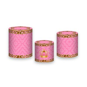 Trio De Capas De Cilindro - Realeza Capitonê Rosa com Dourado 002