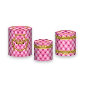 Trio De Capas De Cilindro - Realeza Capitonê Rosa Suave com Dourado 037