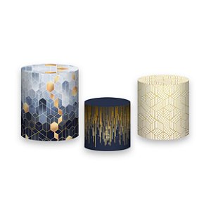 Trio De Capas De Cilindro - Geométrico Azul e Dourado 009