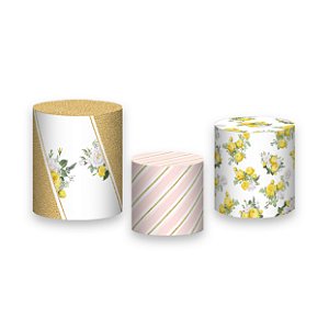 Trio De Capas De Cilindro - Geométrico Dourado com Flores Amarelas 013