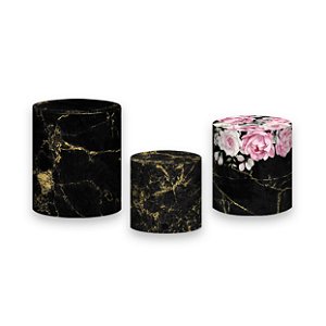 Trio De Capas De Cilindro - Geométrico Dourado com Flores Rosas 022