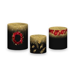 Trio De Capas De Cilindro - Efeito Glitter Dourado com Flores Vermelhas 026