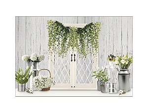 Fundo Fotográfico 2,20 x 1,50 - Páscoa Porta Branca com Vasos e Flores 015