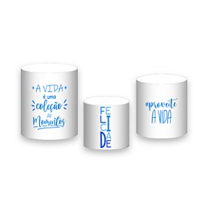 Trio De Capas De Cilindro - Feliz Aniversário Branco com Azul 011