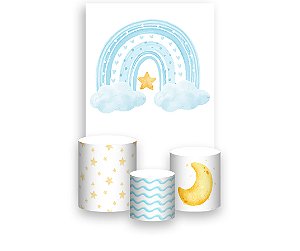 Painel De Festa Vertical 1,50 x 2,20 + Trio De Capas Cilindro - Arco-Íris Boho Azul 004