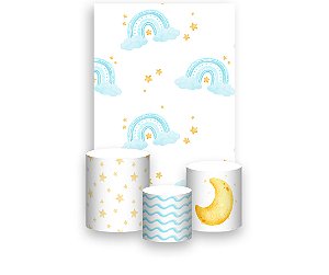 Painel De Festa Vertical 1,50 x 2,20 + Trio De Capas Cilindro - Arco-Íris Boho Azul Cute 005