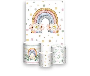 Painel De Festa Vertical 1,50 x 2,20 + Trio De Capas Cilindro - Arco-Íris Boho com Flores 007