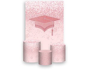 Painel De Festa Vertical 1,50 x 2,20 + Trio De Capas Cilindro - Formatura Rosa Efeito Glitter 012