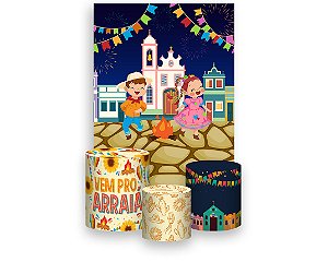 Painel De Festa Vertical 1,50 x 2,20 + Trio De Capas Cilindro - Festa Junina Crianças 001