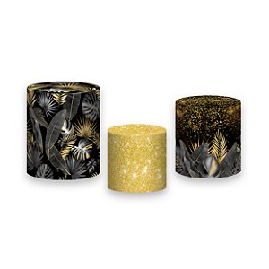 Trio De Capas De Cilindro - Tropical Folhagem Preto e Dourado 017