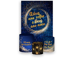 Painel De Festa Vertical 1,50 x 2,20 + Trio De Capas Cilindro - Ano Novo Azul com Dourado 005