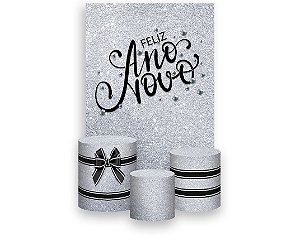 Painel De Festa Vertical 1,50 x 2,20 + Trio De Capas Cilindro - Ano Novo Efeito Glitter Prata e Preto 007