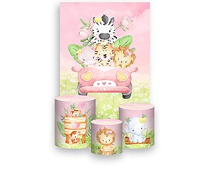 Painel De Festa Vertical 1,50 x 2,20 + Trio De Capas Cilindro - Safari Cute Rosa 008