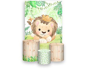 Painel De Festa Vertical 1,50 x 2,20 + Trio De Capas Cilindro - Safari Leãozinho Baby 025