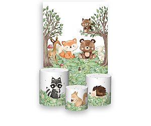 Painel De Festa Vertical 1,50 x 2,20 + Trio De Capas Cilindro - Animais no Bosque Cute 029