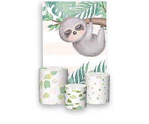 Painel De Festa Vertical 1,50 x 2,20 + Trio De Capas Cilindro - Bicho Preguiça no Galho Rosa 041