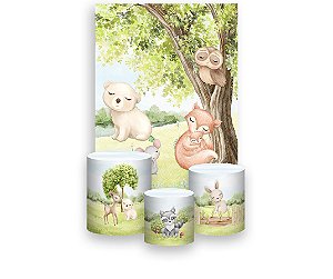 Painel De Festa Vertical 1,50 x 2,20 + Trio De Capas Cilindro - Bosque Animais Delicado 042