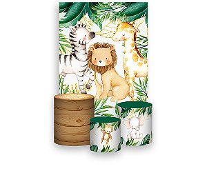 Painel De Festa Vertical 1,50 x 2,20 + Trio De Capas Cilindro - Animais Safari Folhas com Dourado 076