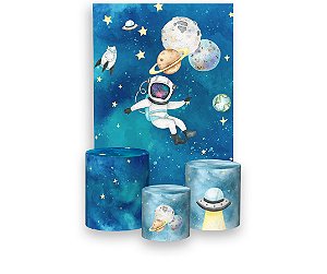 Painel De Festa Vertical 1,50 x 2,20 + Trio De Capas Cilindro - Astronauta Galáxia 001