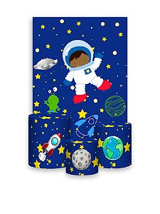 Painel De Festa Vertical 1,50 x 2,20 + Trio De Capas Cilindro - Astronauta na Galáxia Azul 004