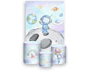 Painel De Festa Vertical 1,50 x 2,20 + Trio De Capas Cilindro -  Astronauta Candy Na Lua 013