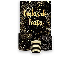 Painel De Festa Vertical 1,50 x 2,20 + Trio De Capas Cilindro - Efeito Brilhos Bodas de Prata 023