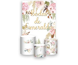 Painel De Festa Vertical 1,50 x 2,20 + Trio De Capas Cilindro - Flores Bodas de Esmeralda Elegante 036