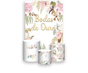 Painel De Festa Vertical 1,50 x 2,20 + Trio De Capas Cilindro - Flores Bodas de Ouro Elegante 037