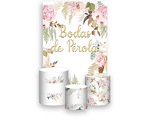 Painel De Festa Vertical 1,50 x 2,20 + Trio De Capas Cilindro - Flores Bodas de Pérola Elegante 038