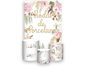 Painel De Festa Vertical 1,50 x 2,20 + Trio De Capas Cilindro - Flores Bodas de Porcelana Elegante 039