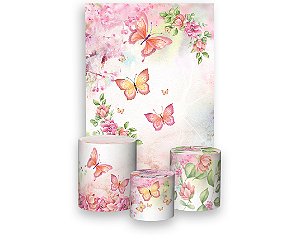 Painel De Festa Vertical 1,50 x 2,20 + Trio De Capas Cilindro -  Borboletas Rosa Cerejeira 010