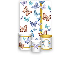 Painel De Festa Vertical 1,50 x 2,20 + Trio De Capas Cilindro - Borboleta Circulo Dourado 017