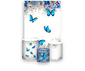 Painel De Festa Vertical 1,50 x 2,20 + Trio De Capas Cilindro - Borboleta Azul Floral 018