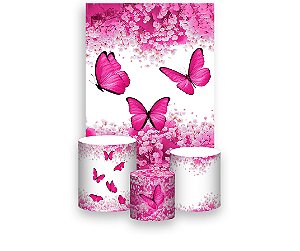 Painel De Festa Vertical 1,50 x 2,20 + Trio De Capas Cilindro - Borboleta Pink Com Flores 027