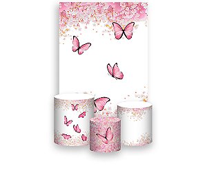 Painel De Festa Vertical 1,50 x 2,20 + Trio De Capas Cilindro - Borboleta Rosa Suave Floral 028