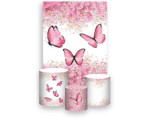 Painel De Festa Vertical 1,50 x 2,20 + Trio De Capas Cilindro - Borboleta Rosa Suave Com Flores 029