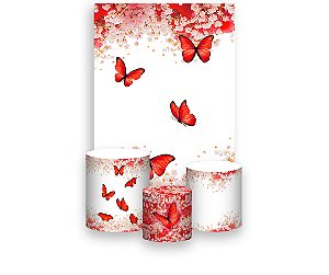 Painel De Festa Vertical 1,50 x 2,20 + Trio De Capas Cilindro - Borboleta Vermelha Floral 034