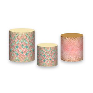 Trio De Capas De Cilindro - Escamas Rosa e Verde Efeito Glitter Dourado 015