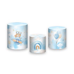 Trio De Capas De Cilindro - Chá de Bebê Urso Aviador Azul e Bege 059