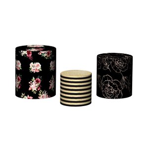 Trio De Capas De Cilindro - Fundo Preto com Flores 022