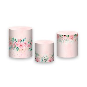 Trio De Capas De Cilindro - Flores Rosa Aquarela 025