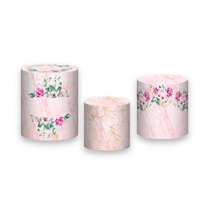 Trio De Capas De Cilindro - Flores Efeito Mármore Rosa 027