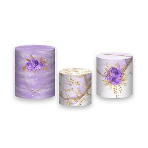 Trio De Capas De Cilindro - Efeito Mármore com Flores Lilás 040