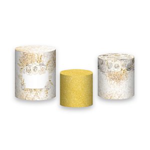 Trio De Capas De Cilindro - Flores Brancas e Douradas 042