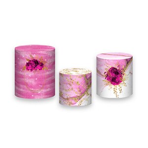 Trio De Capas De Cilindro - Flores Efeito Mármore Pink com Dourado 058