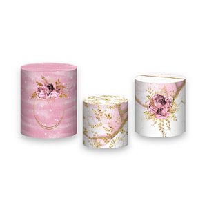 Trio De Capas De Cilindro - Flores Efeito Mármore Rosa com Dourado 059