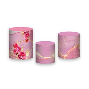 Trio De Capas De Cilindro - Flores Rosa com Efeito Marmorizado 063