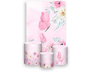 Painel De Festa Vertical 1,50 x 2,20 + Trio De Capas Cilindro - Borboleta Rosa no Campo 039