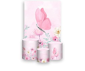 Painel De Festa Vertical 1,50 x 2,20 + Trio De Capas Cilindro - Borboleta Rosa Aquarela 040