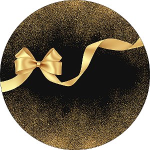 Painel De Festa Redondo 1,50x1,50 - Laço Dourado Efeito Glitter 073
